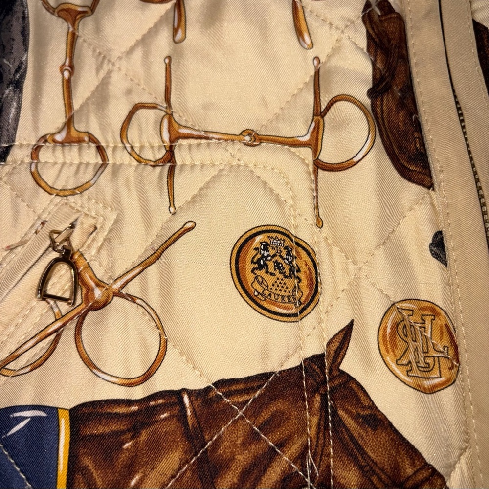 Ralph Lauren Silk Blend Equestrian Print Quilted Vest Reversible Beige Size 1X - Picture 12 of 13
